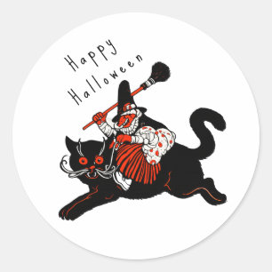 Vintage jaren 20 Art Deco Heks Zwarte Kat Hallowee Ronde Sticker