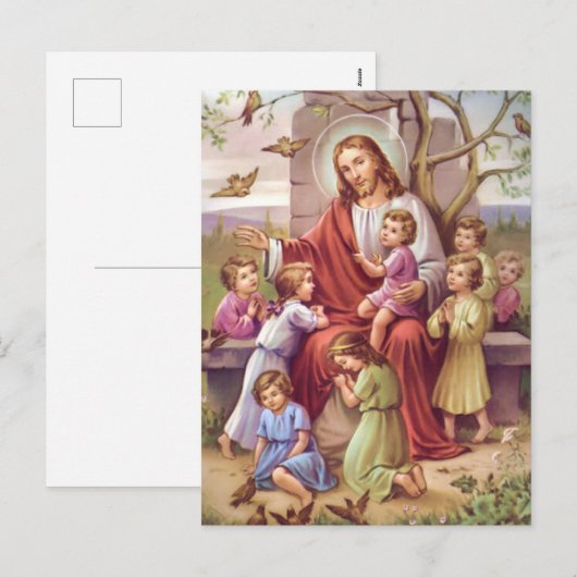 Vintage Jezus met kinderen Feestdagenkaart (Voorkant / Achterkant)