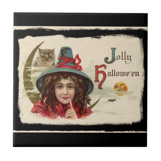 Vintage Jolly Halloween Witch Tegeltje (Voorkant)