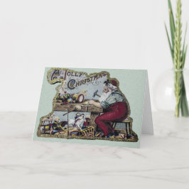 Vintage Jolly kerstkerstman die in zijn bureau wer Feestdagen Kaart