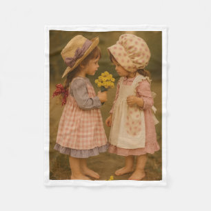 Vintage Jonge Meisjes met Bloemen Kunst Vliesdeken Fleece Deken