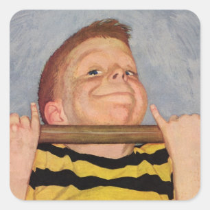 Vintage Jongen Doet Chin Ups, Fitness en Oefening Vierkante Sticker