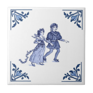 Vintage Jongen en Meisje Delft Hoek Blauw en Wit Tegeltje