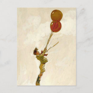 Vintage Jongen met Rode Ballonnen op een Verjaarda Briefkaart