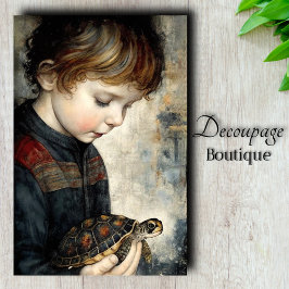 Vintage Jongen met Schildpad Portret Decoupage Tissuepapier