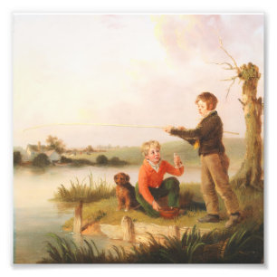 Vintage Jongens Vissen bij Rivier met Hond Schilde Foto Afdruk