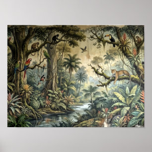 Vintage Jungle Wildlife & Botanische Landschapskun Poster