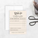 Vintage Kaart  Berichtenweddenschap RSVP Kaart<br><div class="desc">Deze unieke RSVP-kaarten voor bibliotheekbruiloft zijn perfect voor een vintage bruiloft of een boek-themaevenement. Pas de aangepaste tekst aan die op maat is gemaakt met uw retourdatum,  de namen van de bruid en de groom (als auteur),  een aangepaste titel en speciale instructies onderaan. Zwart en warm wit/crèmekleurschema.</div>