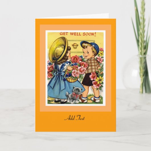 Vintage kaart beterschap bloemen kinderen (Voorkant)