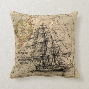 Vintage Kaart de West- van Europa met Schip & Kussen