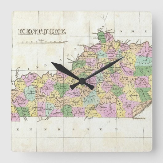 Vintage Kaart van Kentucky (1827) Vierkante Klok (Voorkant)