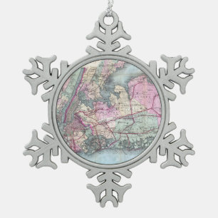 Vintage Kaart van Long Island (1880) Tin Sneeuwvlok Ornament