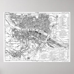 Vintage Kaart van Lyon Frankrijk (1888) BW Poster