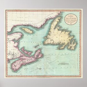 Vintage Kaart van Nova Scotia en Newfoundland Poster