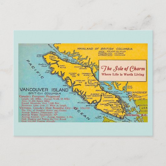 Vintage kaart van Vancouver Island Blauwe ansichtk (Voorkant)