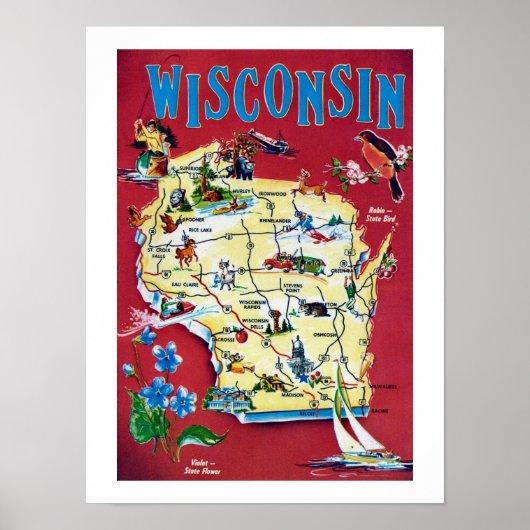 Vintage kaart van Wisconsin print (Voorkant)