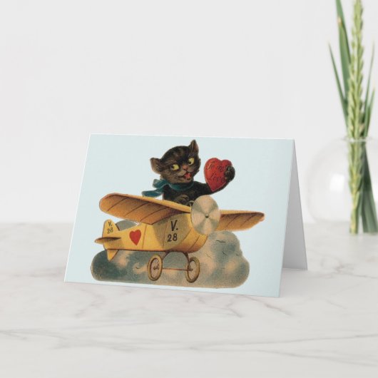 Vintage Kaart zwarte kat Pilot Valentijnsdag (Voorkant)