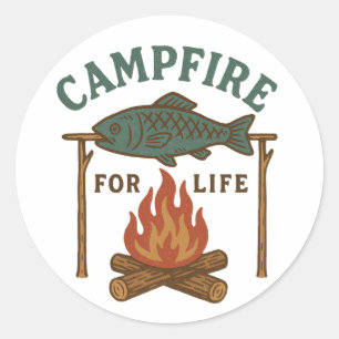 Vintage Kampvuur Vissen Kamperen voor het Leven Ronde Sticker