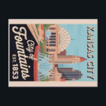 Vintage Kansas City Missouri Retro Travel Illustra Briefkaart<br><div class="desc">Celebrate the charm and cultural spirit of the Midwest with this vibrant retro-style illustration of Kansas City, Missouri. This nostalgic cityscape features the historic Union Station, the striking architecture of the Kauffman Center for the Performing Arts, and the city’s famous fountains arranged in a bold stylized layout. “KANSAS CITY” appears...</div>