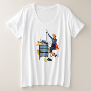 Vintage kantoor retro werkende vrouw kunst grote maat t-shirt