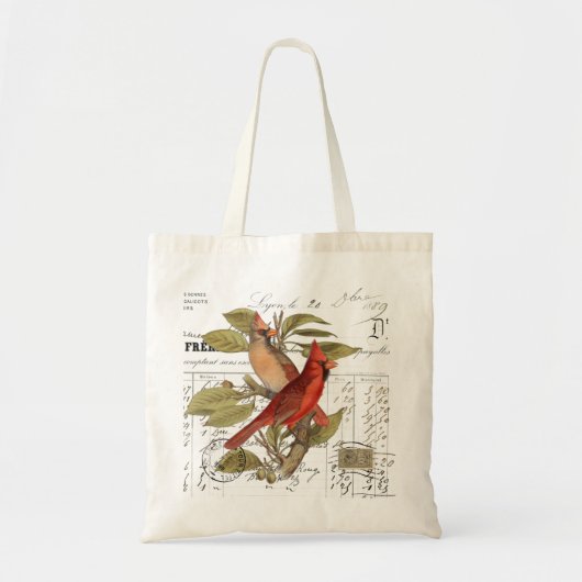 Vintage Kardinaalvogels Franse Schrift Dagelijkse  Tote Bag (Voorkant)