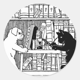 Vintage kat en hond Bibliotheek Boek Literair Ronde Sticker