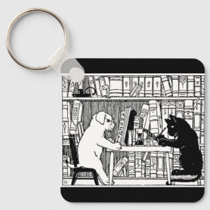 Vintage kat en hond Bibliotheek Boek Literair Sleutelhanger