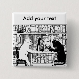 Vintage kat en hond Bibliotheek Boek literair  Vierkante Button 5,1 Cm