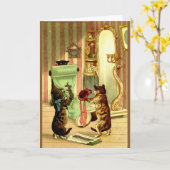 Vintage kat en kitten verkleed kaart (Gele Bloem)