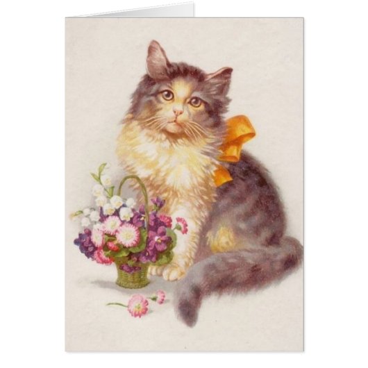 Vintage - Kat en mandje bloemen, (Voorkant)