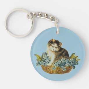 Vintage Kat in Mand Sleutelhanger