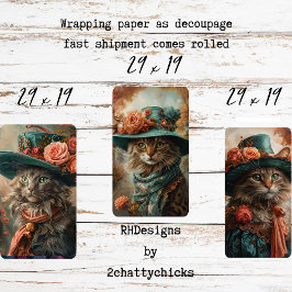 Vintage Kat met Turkooizen Hoed & Decoupage Kledin Inpakpapier Vel