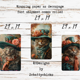 Vintage Kat met Turkooizen Hoed & Decoupage Kledin Inpakpapier Vel