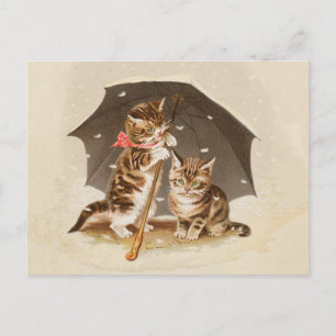 Vintage katjes onder paraplu antieke kat kunst briefkaart