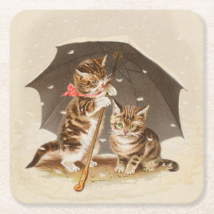 Vintage katjes onder paraplu antieke kat kunst kartonnen onderzetters