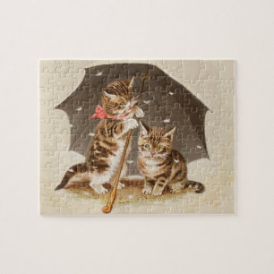 Vintage katjes onder paraplu antieke kat kunst legpuzzel