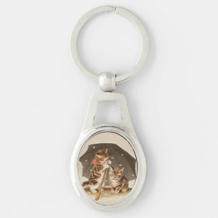 Vintage katjes onder paraplu antieke kat kunst sleutelhanger