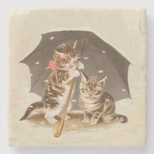 Vintage katjes onder paraplu antieke kat kunst stenen onderzetter