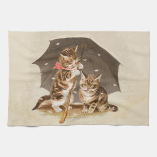 Vintage katjes onder paraplu antieke kat kunst theedoek