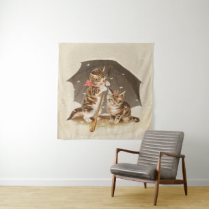 Vintage katjes onder paraplu antieke kat kunst wandkleed