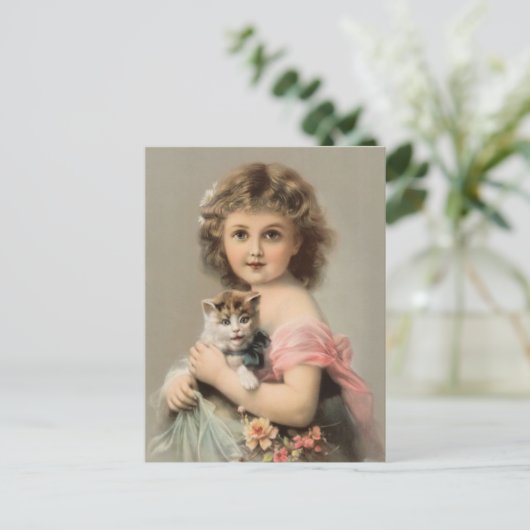 Vintage Katze und Mädchen Briefkaart (Staand voorkant)