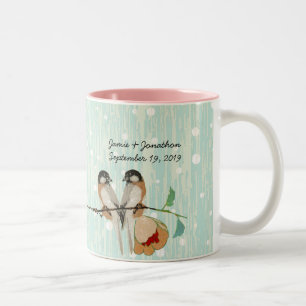 Vintage Kersenbloesem Liefdesvogel Perzik Munt Tweekleurige Koffiemok