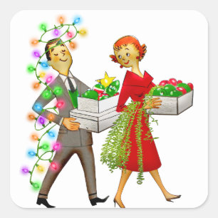 Vintage kerst 1950's paar vierkante sticker