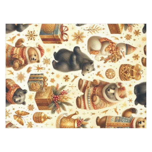 Vintage Kerst Beer Tafelkleed (Voorkant (Horizontaal))