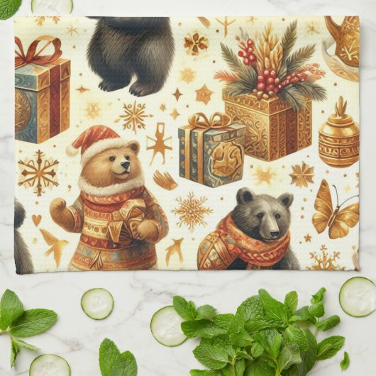 Vintage Kerst Beer Theedoek (Gevouwen)