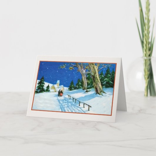 Vintage Kerst bejaarde paar sneeuw kerk Feestdagen Kaart (Voorkant)