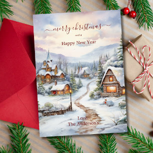 Vintage kerst besneeuwd dorp huizen dennenbomen feestdagenkaart