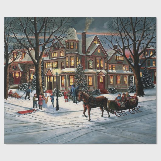 Vintage kerst besneeuwd landschap cadeaupapier (Vlak)