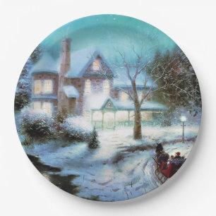 Vintage kerst besneeuwd landschap papieren bordje