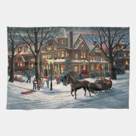 Vintage kerst besneeuwd landschap theedoek